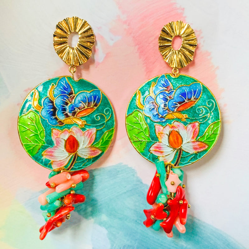Halcyon & Hadley Cloisonné Lily Pad Statement Earrings with Bamboo Coral - Women's Earrings - Women's Jewelry - Unique Earrings - Statement Earrings