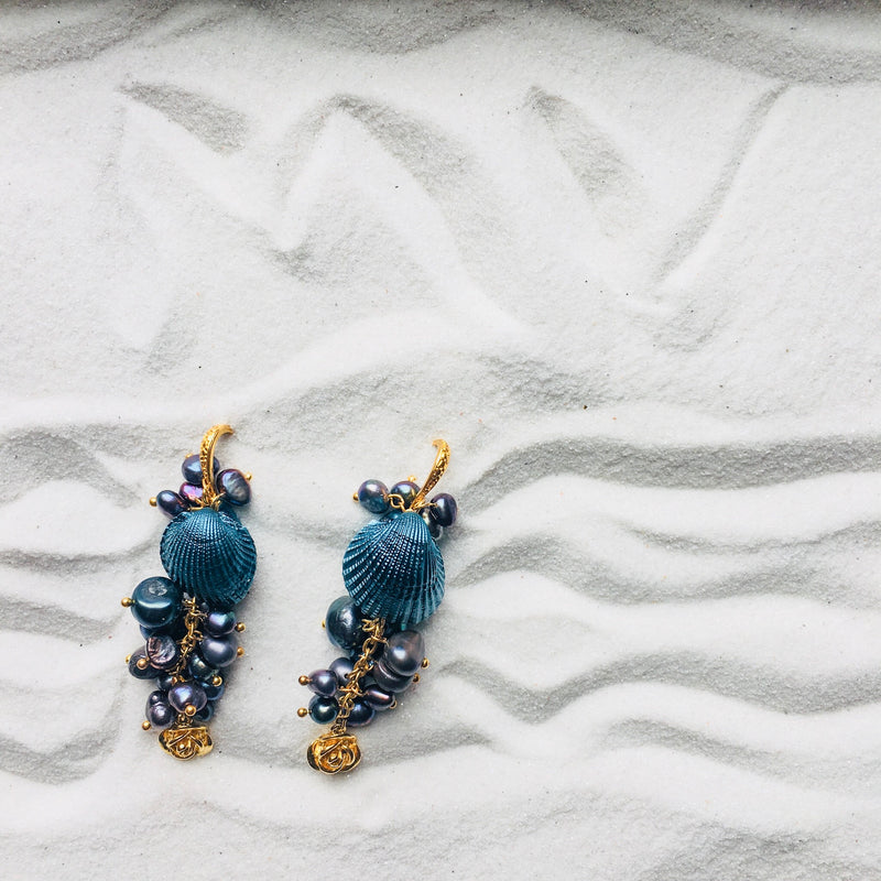 Halcyon & Hadley Martha's Vineyard Cascade Clam Earrings with Freshwater Pearls and Roses - Women's Earrings - Women's Jewelry - Unique Earrings - Statement Earrings