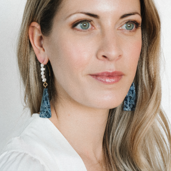 Halcyon & Hadley Inline Statement Earrings with Freshwater Pearls and Faceted Sodalite Columns - Women's Earrings - Women's Jewelry - Unique Earrings - Statement Earrings