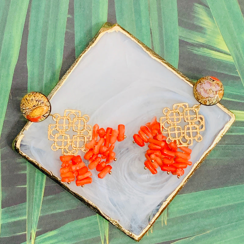 Halcyon & Hadley Indochine Statement Earrings with Natural Coral - Women's Earrings - Women's Jewelry - Unique Earrings - Statement Earrings