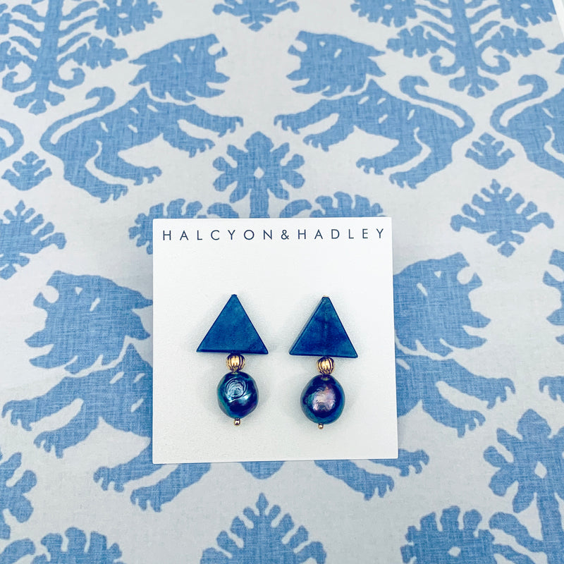 Halcyon & Hadley Triple Threat Statement Studs in Blue Aventurine and Peacock Baroque Pearls - Women's Earrings - Women's Jewelry - Unique Earrings - Statement Earrings