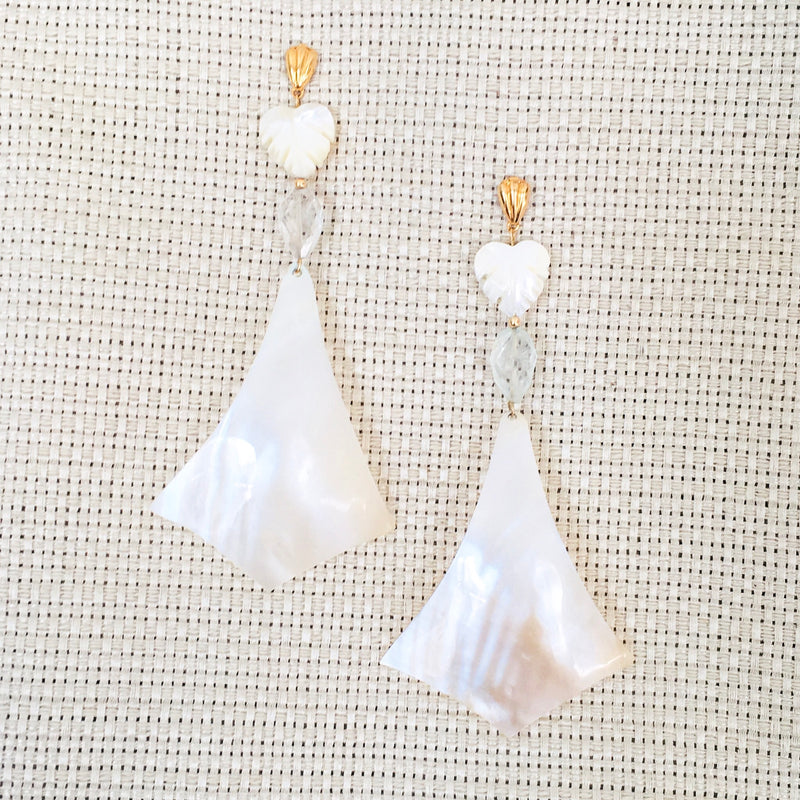Halcyon & Hadley Queen Palm Statement Earrings with Aquamarine and Mother of Pearl - Women's Earrings - Women's Jewelry - Unique Earrings - Statement Earrings