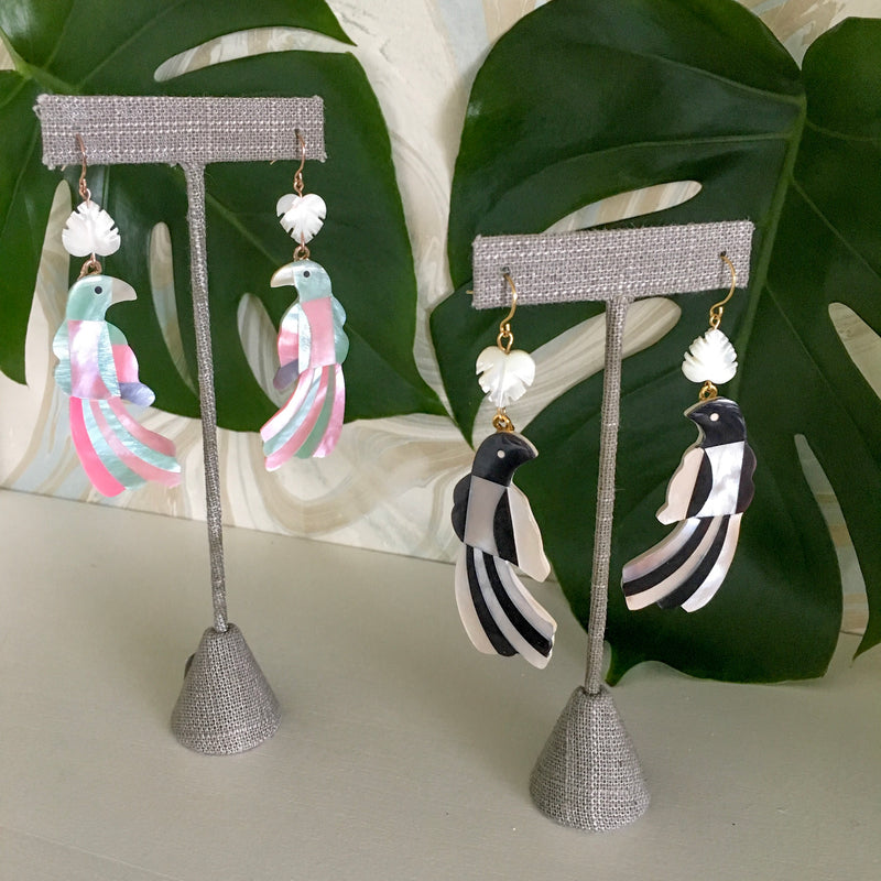Halcyon & Hadley Toucan Statement Earrings in Pink and Green Mother of Pearl Shell Mosaic - Women's Earrings - Women's Jewelry - Unique Earrings - Statement Earrings