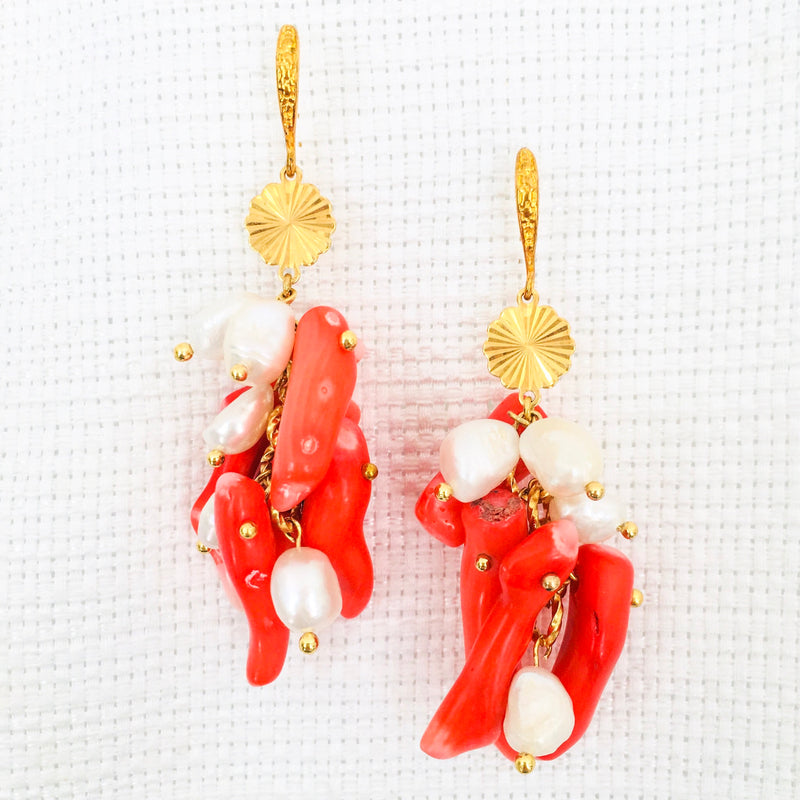 Halcyon & Hadley Living Coral Cascade Statement Earrings with Pearls and Gold - Women's Earrings - Women's Jewelry - Unique Earrings - Statement Earrings