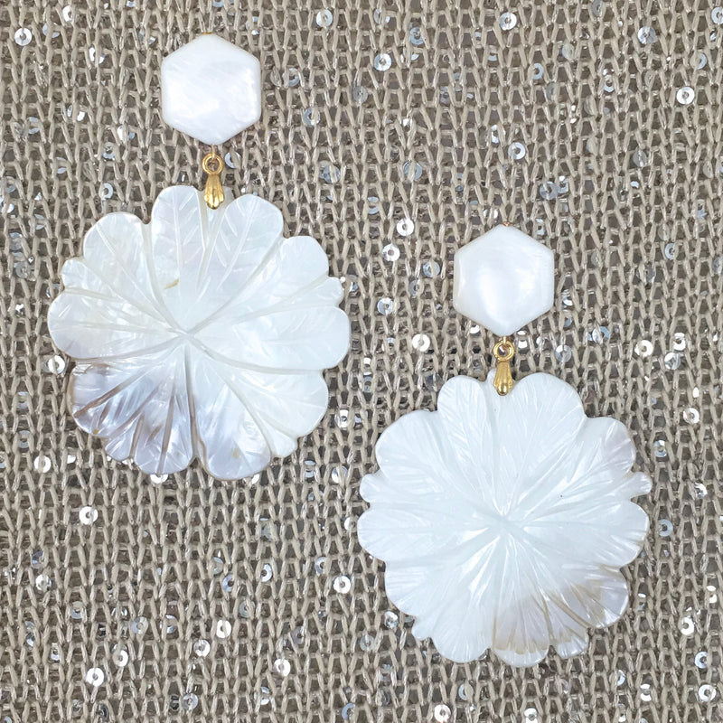 Halcyon & Hadley Mother of Pearl Gardenia Statement Earrings - Women's Earrings - Women's Jewelry - Unique Earrings - Statement Earrings