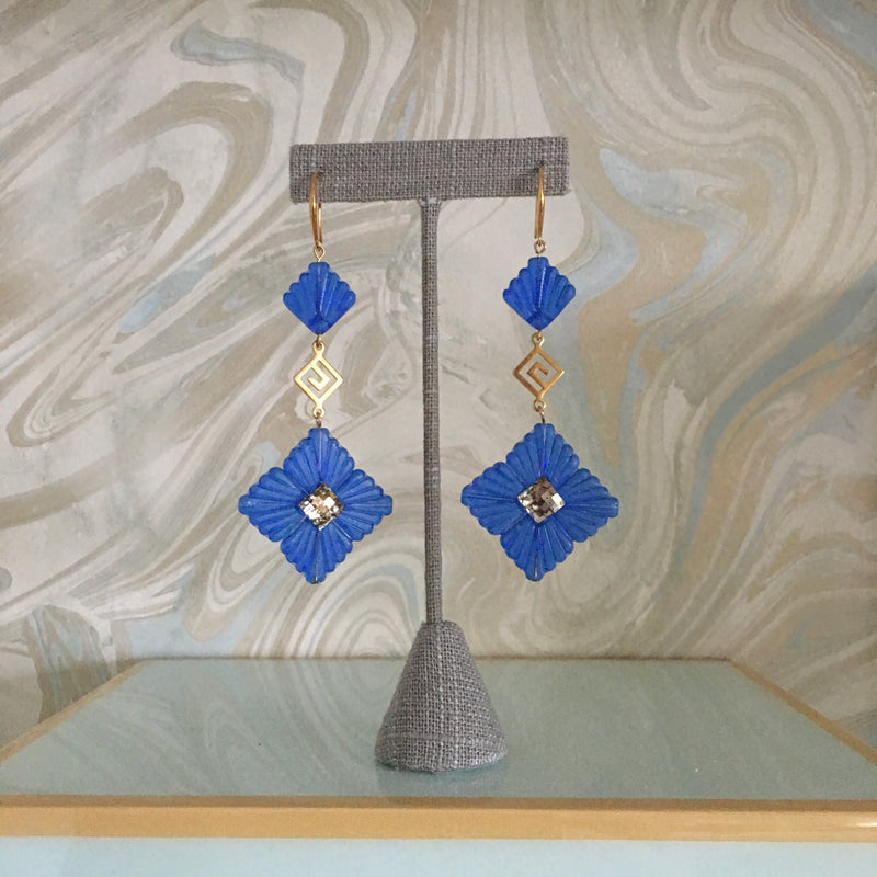 Halcyon & Hadley Greek Key Art Deco Statement Earrings in Cobalt Blue & Gold - Women's Earrings - Women's Jewelry - Unique Earrings - Statement Earrings